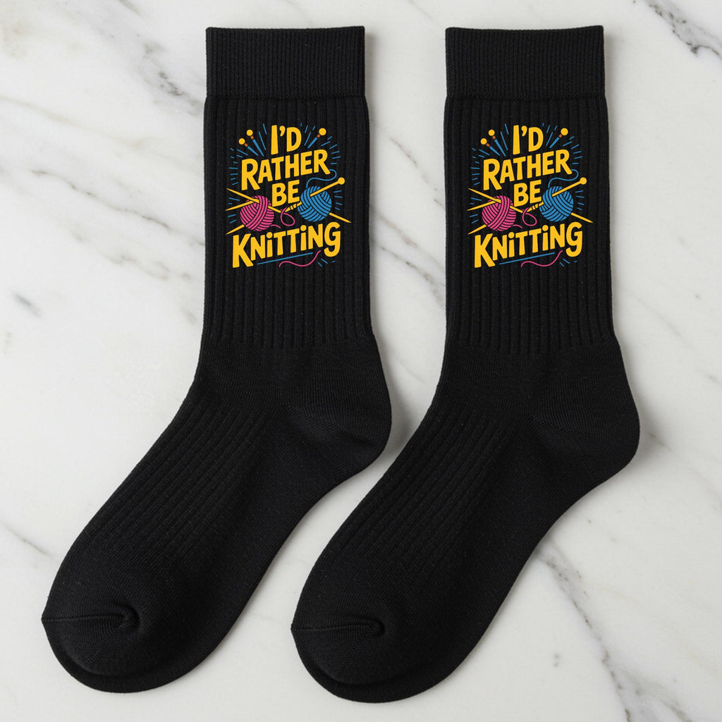 Knitting Socks, I'd Rather Be Knitting, Gift for Knitter, Novelty Yarn Lover Crew Socks, Unisex Crafter Gift, Fiber Arts Gift